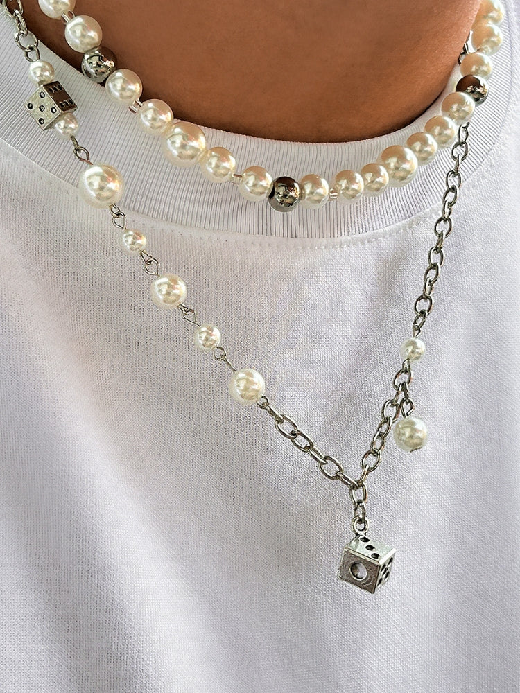 Double Silver & Pearl Dice Necklace - Image 2